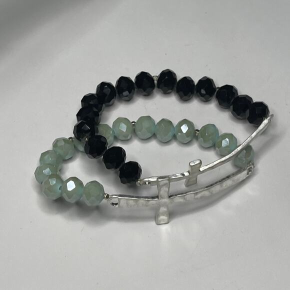 Set of two bracelets black and mint green blue stretch cross silver tone jewelry - Picture 7 of 15